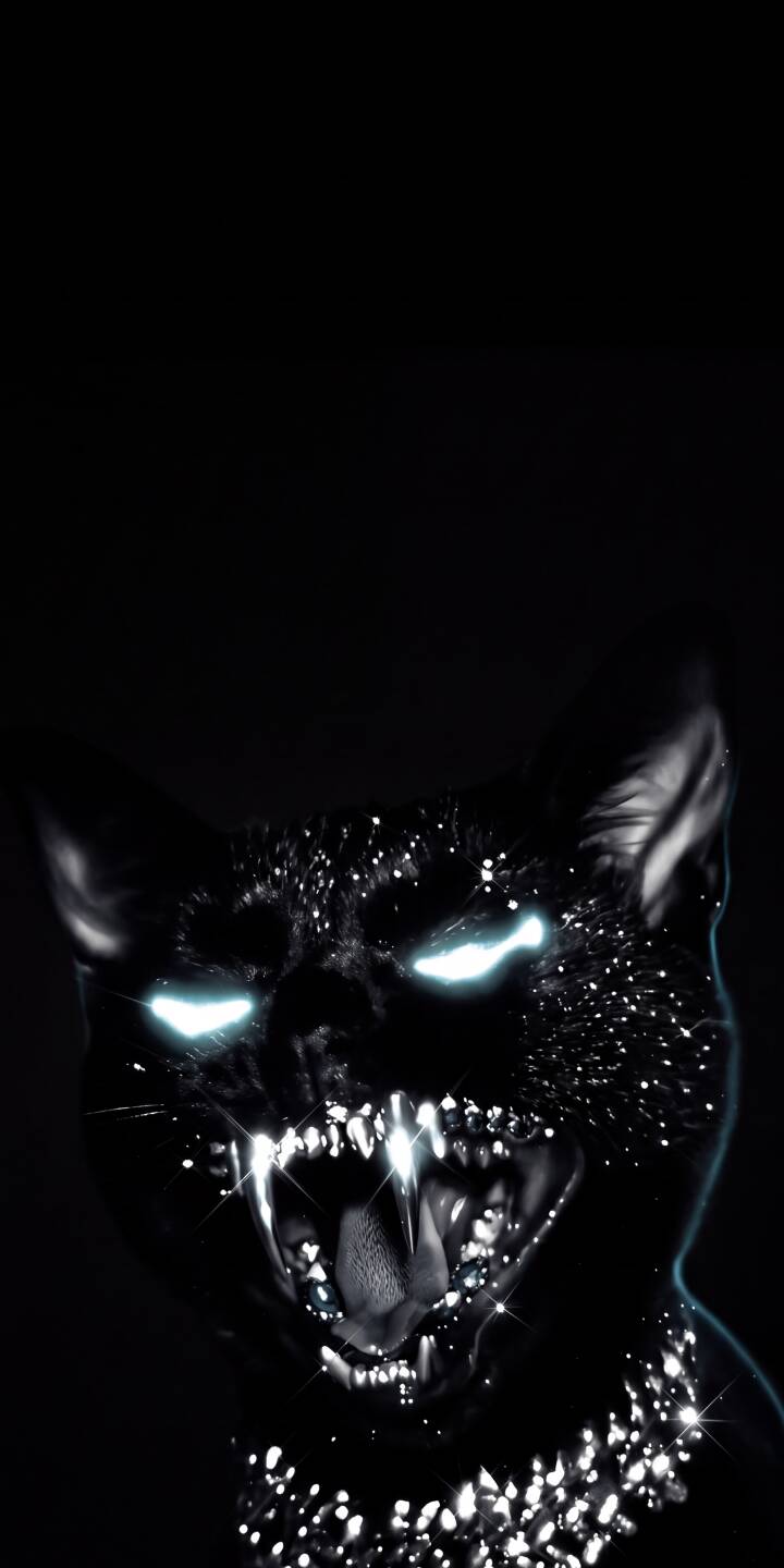 Striking bright fangs gleam ominously from this black cat as its ethereal eyes pierce the darkness in this mesmerizing 4K wallpaper for iPhone. This unique abstract animal wallpaper captures a fierce, glowing creature perfect for any dark aesthetic. | cat iphone wallpaper black cat mobile 4k wallpaper hd wallpaper dark aesthetic glowing eyes menacing fantasy creature sharp fangs Striking bright fangs gleam ominously from this black cat as its ethereal eyes pierce the darkness in this mesmerizing 4K wallpaper for iPhone. This unique abstract animal wallpaper captures a fierce, glowing creature perfect for any dark aesthetic.