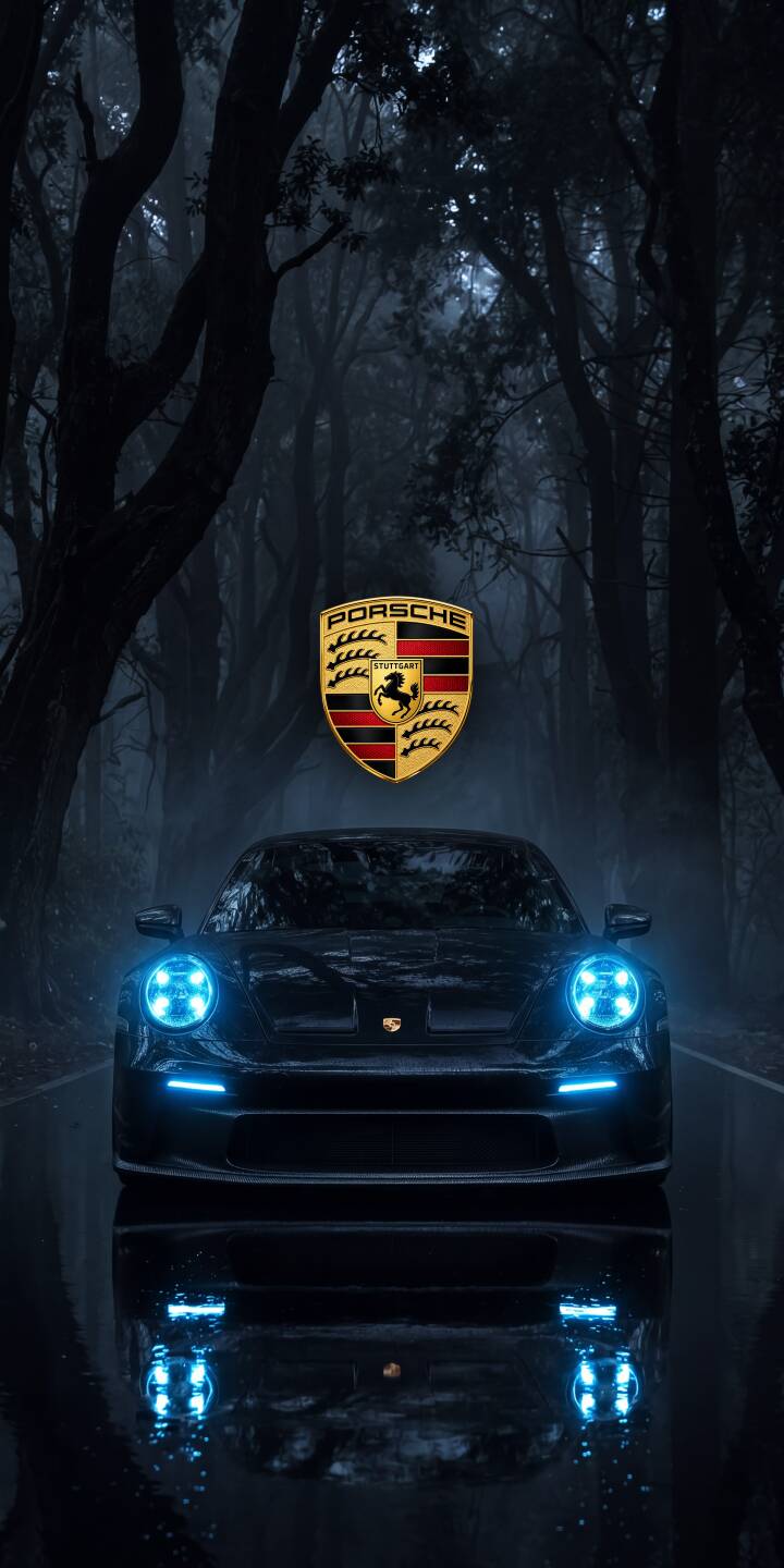 Glowing blue headlights pierce through the eerie, dark forest road, reflecting on the wet pavement as a sleek black Porsche takes center stage in this striking 4K wallpaper – an essential wallpaper for iPhone users seeking a mysterious automotive theme. | car sports car iphone porsche wallpaper mobile 4k wallpaper hd wallpaper dark aesthetic forest road blue lights Glowing blue headlights pierce through the eerie, dark forest road, reflecting on the wet pavement as a sleek black Porsche takes center stage in this striking 4K wallpaper – an essential wallpaper for iPhone users seeking a mysterious automotive theme.