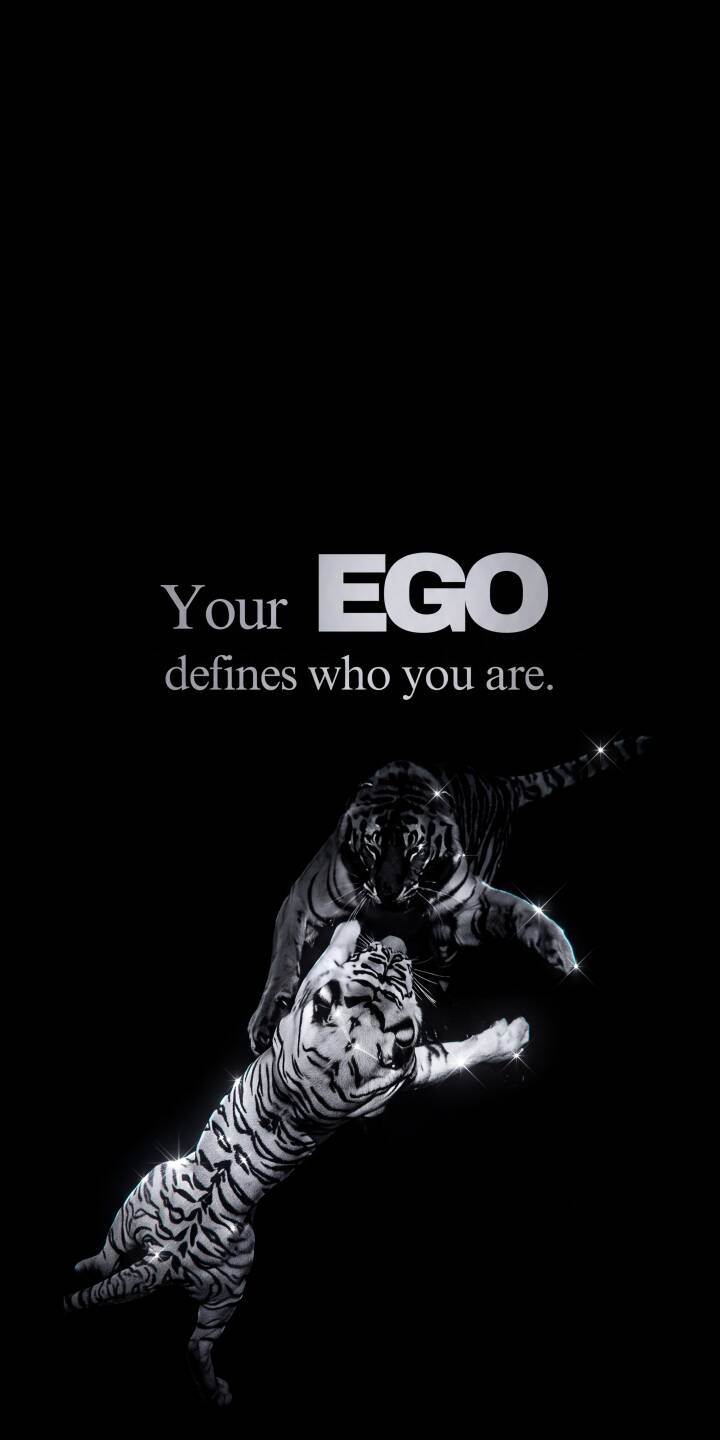 Two powerful monochrome tigers, one dark and one white, leap dynamically on a sleek black background, accompanied by the striking text 'Your EGO defines who you are' in this impactful 4K wallpaper. This thought-provoking animal wallpaper is a must-have for any iPhone, offering a dark aesthetic and motivational message. | motivational iphone tigers tiger wallpaper mobile ego 4k wallpaper hd wallpaper wildlife dark aesthetic monochrome Two powerful monochrome tigers, one dark and one white, leap dynamically on a sleek black background, accompanied by the striking text 'Your EGO defines who you are' in this impactful 4K wallpaper. This thought-provoking animal wallpaper is a must-have for any iPhone, offering a dark aesthetic and motivational message.