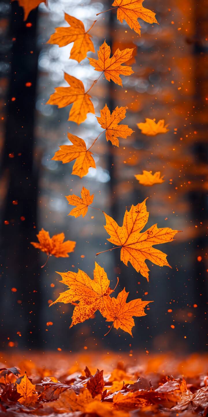 Golden orange maple leaves gracefully descend through a soft-focus forest, scattering vibrant color across the dark, bokeh-filled background in this stunning 4K wallpaper. This picturesque autumn scene makes a perfect seasonal wallpaper for your iPhone. | aesthetic forest orange fall iphone nature autumn wallpaper mobile 4k wallpaper hd wallpaper maple leaves Golden orange maple leaves gracefully descend through a soft-focus forest, scattering vibrant color across the dark, bokeh-filled background in this stunning 4K wallpaper. This picturesque autumn scene makes a perfect seasonal wallpaper for your iPhone.