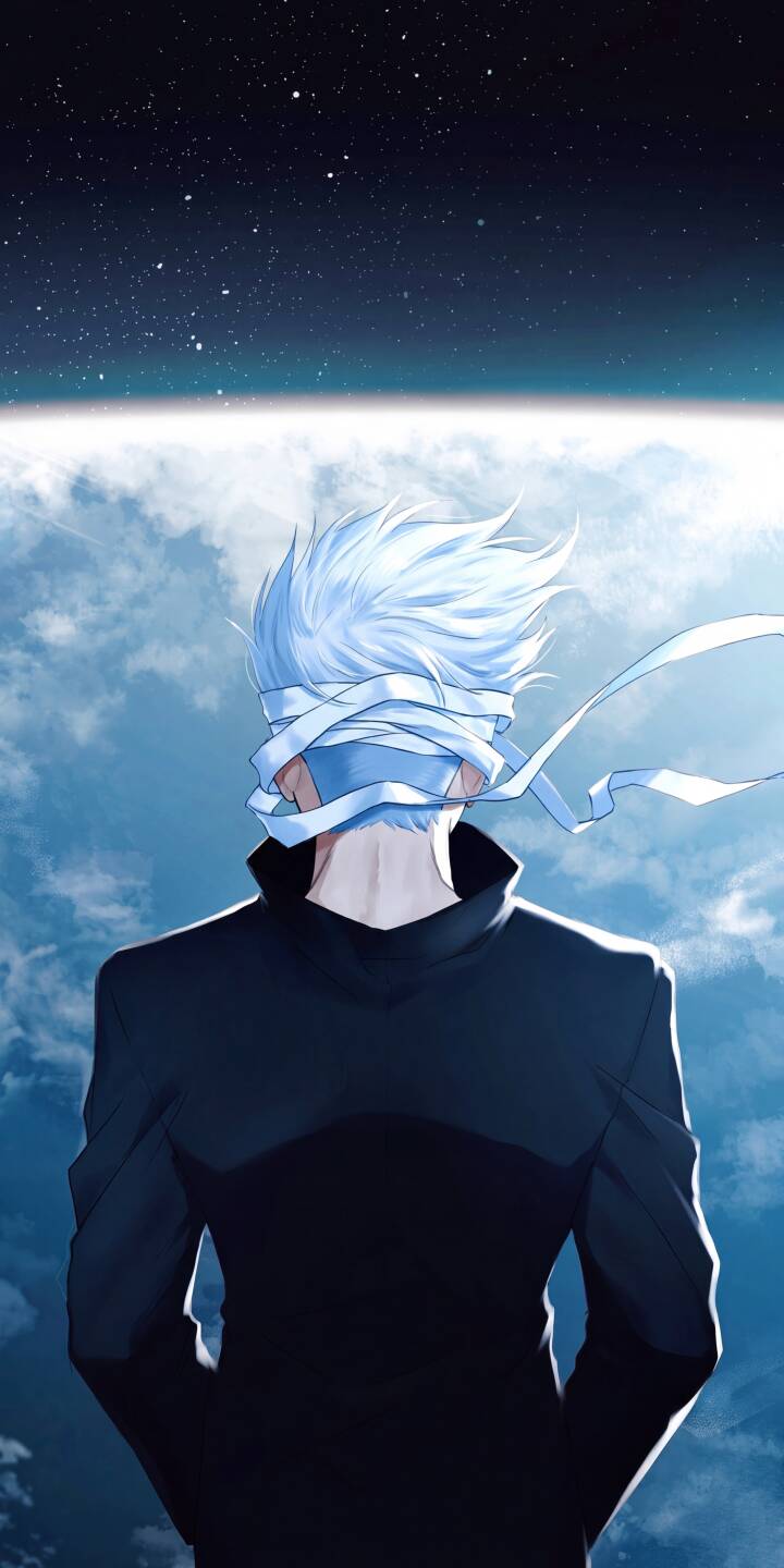 White, windswept hair frames Satoru Gojo's enigmatic blindfold as he stands silhouetted against a vast, mystical horizon line that separates a serene cloudscape from a starry night in this stunning 4K wallpaper — an essential iPhone wallpaper for any Jujutsu Kaisen fan. | anime iphone wallpaper gojo starry mobile 4k wallpaper hd wallpaper blindfold jujutsu kaisen satoru gojo jjk White, windswept hair frames Satoru Gojo's enigmatic blindfold as he stands silhouetted against a vast, mystical horizon line that separates a serene cloudscape from a starry night in this stunning 4K wallpaper — an essential iPhone wallpaper for any Jujutsu Kaisen fan.