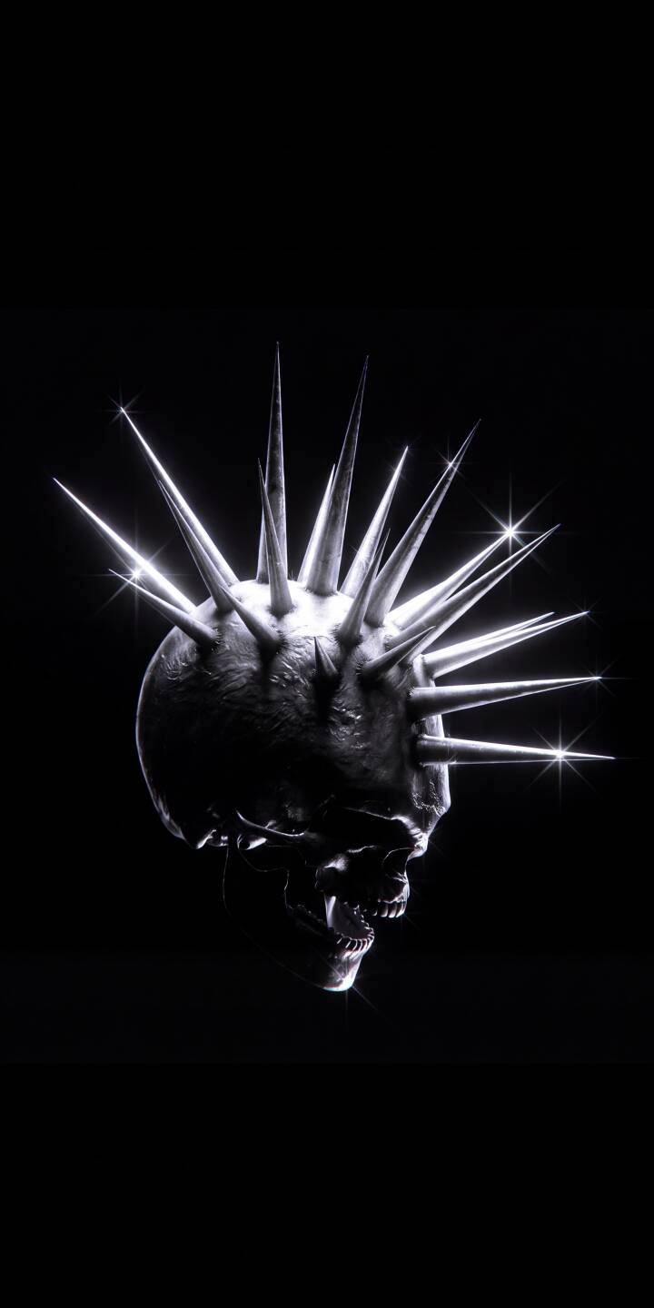 Glistening metallic spikes erupt from a chrome-plated skull, casting stark reflections against the black void in this striking 4K wallpaper. This edgy wallpaper is perfect for personalizing your iPhone. | gothic skull iphone wallpaper mobile metallic 4k wallpaper hd wallpaper 3d render punk dark art spiked Glistening metallic spikes erupt from a chrome-plated skull, casting stark reflections against the black void in this striking 4K wallpaper. This edgy wallpaper is perfect for personalizing your iPhone.