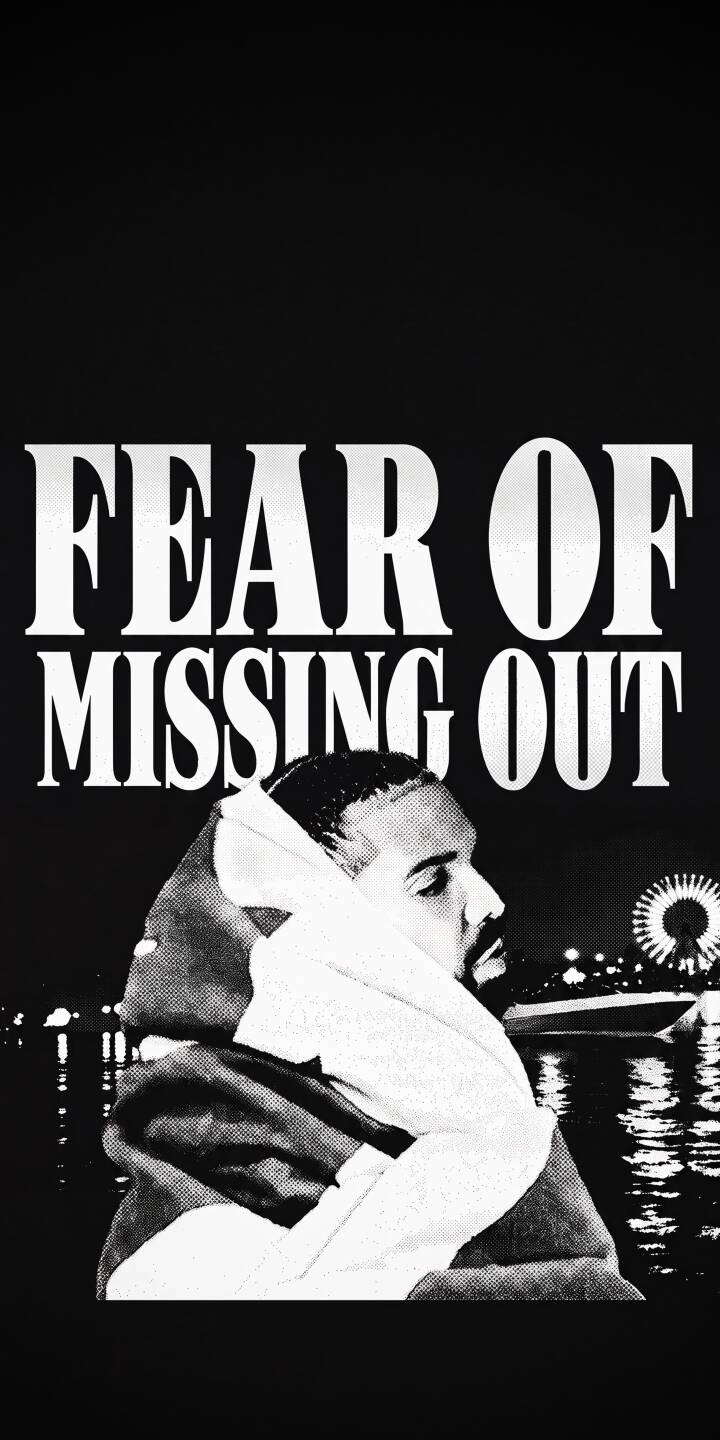 Bold "FEAR OF MISSING OUT" text dominates above a pensive Drake, illuminated by distant city lights in this striking black and white halftone 4K wallpaper. This iconic wallpaper captures a moody, introspective feel perfect for any iPhone screen. | aesthetic rapper iphone drake wallpaper black and white mobile 4k wallpaper hd wallpaper halftone night city fomo Bold "FEAR OF MISSING OUT" text dominates above a pensive Drake, illuminated by distant city lights in this striking black and white halftone 4K wallpaper. This iconic wallpaper captures a moody, introspective feel perfect for any iPhone screen.