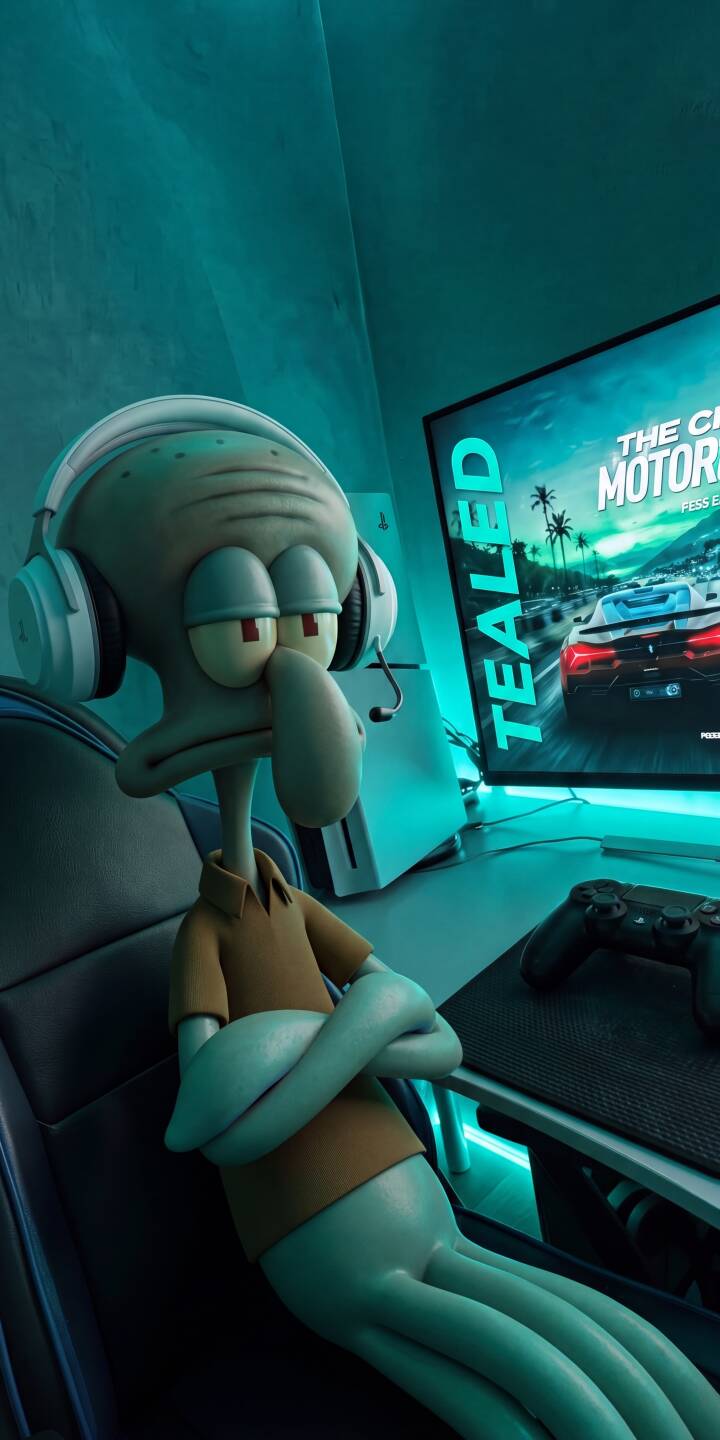 Squidward Tentacles wears a gaming headset with a distinctly bored expression, arms crossed as he contemplates a racing game on the monitor, all bathed in cool blue ambient light. This unique 4K gaming wallpaper is a perfect fit for any iPhone, capturing the relatable mood of an unenthusiastic gamer. | aesthetic spongebob neon squidward iphone gaming wallpaper gamer bored mobile 4k wallpaper hd wallpaper Squidward Tentacles wears a gaming headset with a distinctly bored expression, arms crossed as he contemplates a racing game on the monitor, all bathed in cool blue ambient light. This unique 4K gaming wallpaper is a perfect fit for any iPhone, capturing the relatable mood of an unenthusiastic gamer.