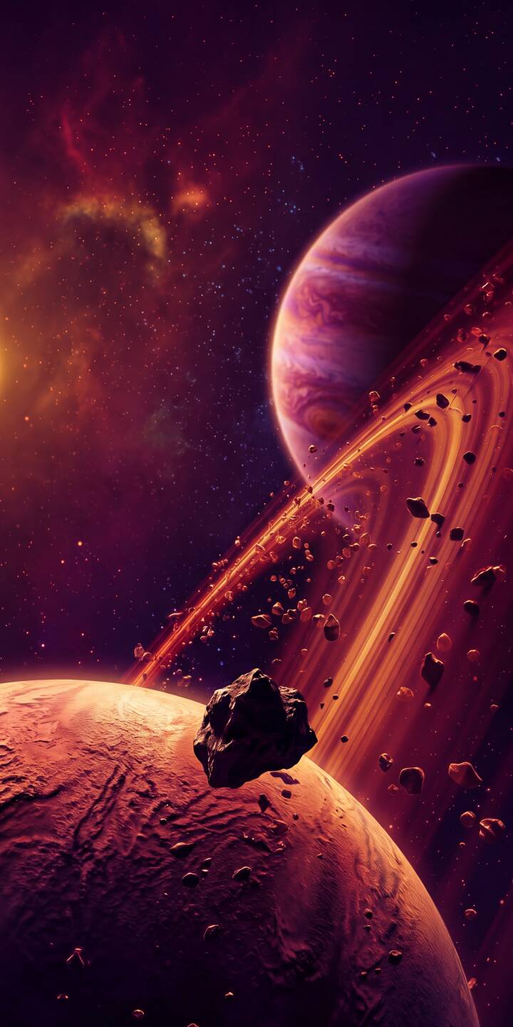 Orange cosmic rings swirl brilliantly around a distant purple-striped planet, contrasting with the deep purple nebula in this breathtaking 4K wallpaper — a must-have space wallpaper for iPhone featuring a prominent rocky foreground and floating asteroid. | space nebula iphone planets rings wallpaper mobile 4k wallpaper hd wallpaper asteroids orange aesthetic cosmic Orange cosmic rings swirl brilliantly around a distant purple-striped planet, contrasting with the deep purple nebula in this breathtaking 4K wallpaper — a must-have space wallpaper for iPhone featuring a prominent rocky foreground and floating asteroid.