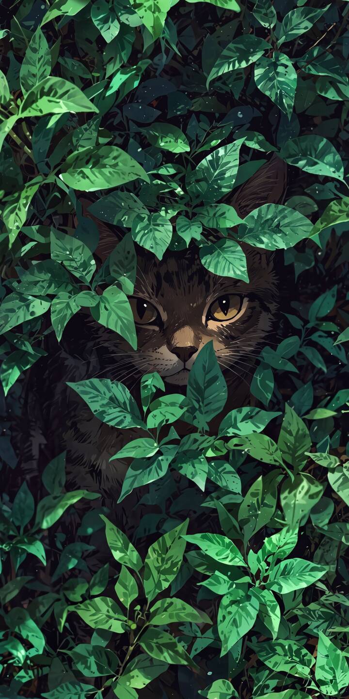 Sunlight dappled through lush green foliage subtly illuminates the watchful, golden eyes of a camouflaged tabby cat in this captivating 4K wallpaper, making it a perfect animal wallpaper for iPhone users. | aesthetic green cat iphone nature leaves wallpaper mobile tabby 4k wallpaper hd wallpaper feline Sunlight dappled through lush green foliage subtly illuminates the watchful, golden eyes of a camouflaged tabby cat in this captivating 4K wallpaper, making it a perfect animal wallpaper for iPhone users.