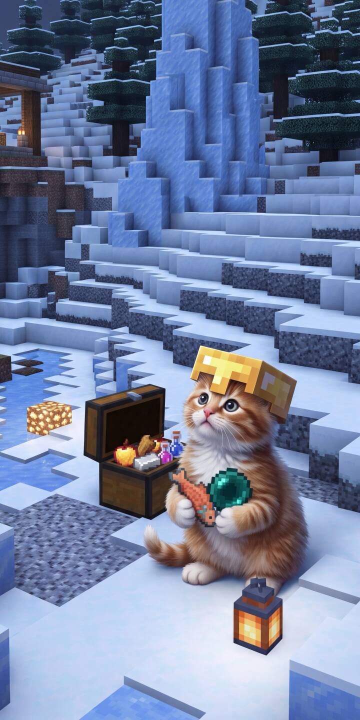 A darling ginger kitten wearing a golden pixelated helmet proudly displays its fish and green orb in this charming 4K Minecraft-themed wallpaper. This whimsical wallpaper is perfect for your iPhone and features a treasure chest in a snowy landscape. | cat snowy minecraft cute iphone gaming wallpaper kitten mobile 4k wallpaper hd wallpaper treasure chest A darling ginger kitten wearing a golden pixelated helmet proudly displays its fish and green orb in this charming 4K Minecraft-themed wallpaper. This whimsical wallpaper is perfect for your iPhone and features a treasure chest in a snowy landscape.