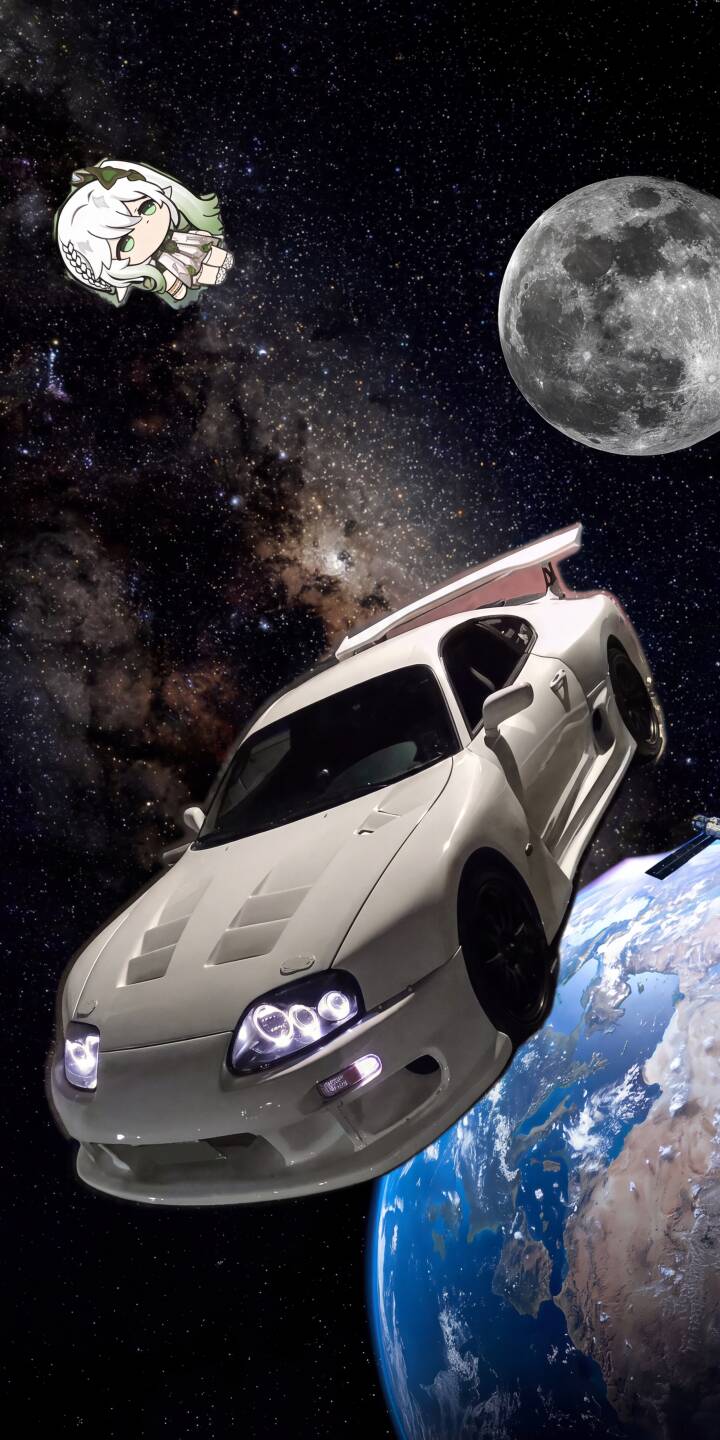 A pristine white Toyota Supra with its headlights on defies gravity, soaring majestically above the radiant Earth and beneath a full moon, all set within a swirling galaxy, creating a truly otherworldly 4K wallpaper for iPhone users. This unique wallpaper also features a charming small anime character drifting serenely in the cosmic expanse. | aesthetic car anime space iphone supra wallpaper toyota supra mobile 4k wallpaper hd wallpaper celestial A pristine white Toyota Supra with its headlights on defies gravity, soaring majestically above the radiant Earth and beneath a full moon, all set within a swirling galaxy, creating a truly otherworldly 4K wallpaper for iPhone users. This unique wallpaper also features a charming small anime character drifting serenely in the cosmic expanse.