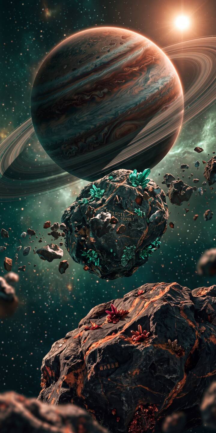 Luminous green crystals sprout from a dark asteroid, drifting against the stunning backdrop of a majestic ringed planet and a vibrant teal nebula in this breathtaking 4K space wallpaper — a truly epic wallpaper for iPhone. | space planet nebula iphone wallpaper asteroid mobile crystals 4k wallpaper hd wallpaper sci-fi cosmic Luminous green crystals sprout from a dark asteroid, drifting against the stunning backdrop of a majestic ringed planet and a vibrant teal nebula in this breathtaking 4K space wallpaper — a truly epic wallpaper for iPhone.