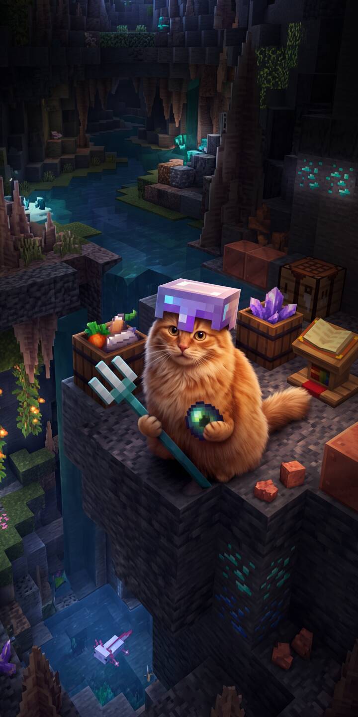 Equipped with a tiny trident and sparkling helmet, a fluffy orange Minecraft cat confidently poses in a vibrant, glowing lush cave setting in this epic 4K wallpaper. This delightful wallpaper is perfect for any iPhone displaying your love for gaming adventure. | cat minecraft cute iphone fantasy wallpaper gamer mobile 4k wallpaper hd wallpaper minecraft cat lush cave Equipped with a tiny trident and sparkling helmet, a fluffy orange Minecraft cat confidently poses in a vibrant, glowing lush cave setting in this epic 4K wallpaper. This delightful wallpaper is perfect for any iPhone displaying your love for gaming adventure.