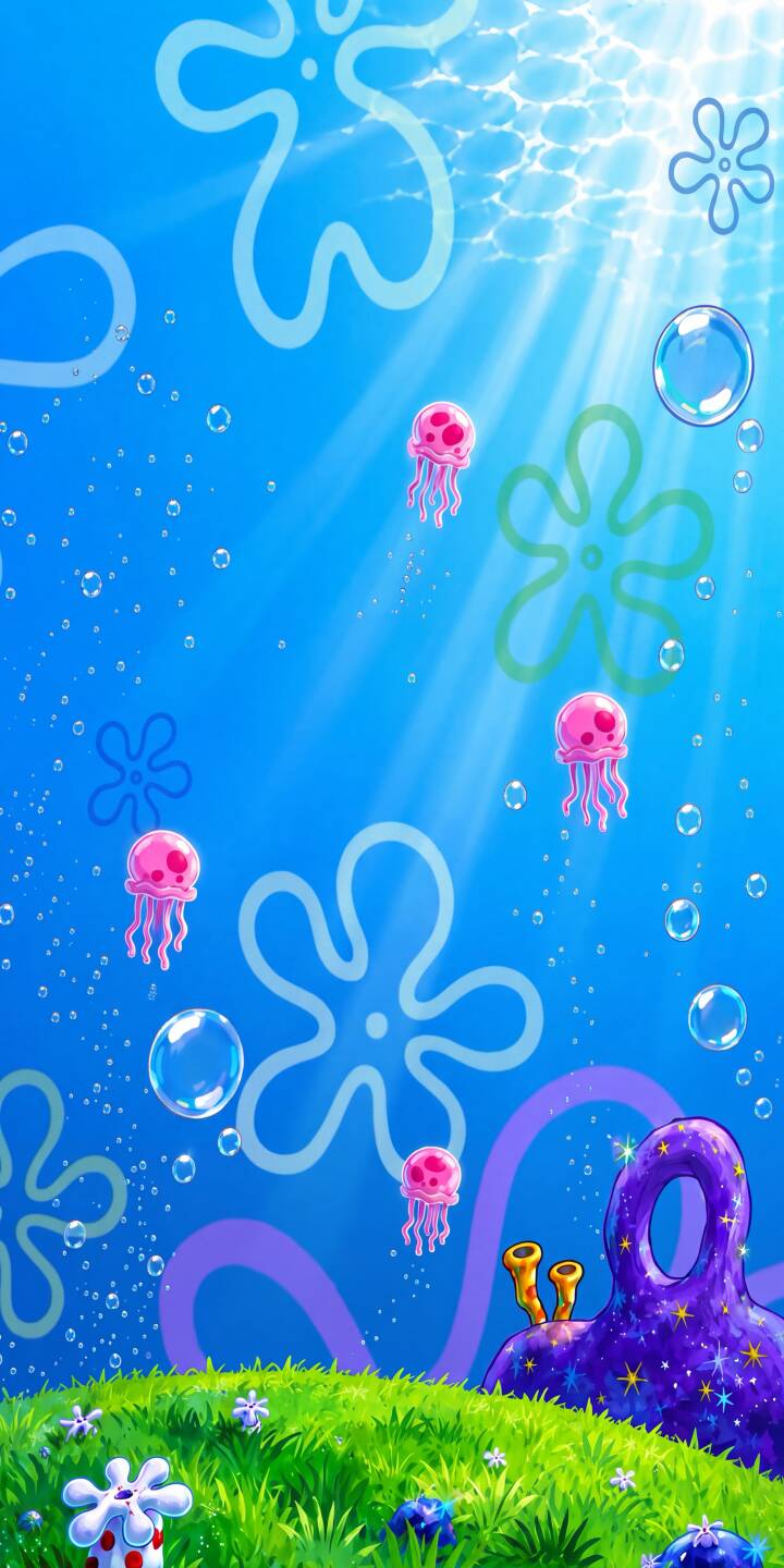 Shimmering sunlight streams through the clear blue ocean, illuminating vibrant pink jellyfish and the lush green seafloor of Bikini Bottom in this delightful 4K wallpaper, making it an ideal iPhone wallpaper. | cartoon aesthetic spongebob underwater bikini bottom iphone ocean wallpaper mobile 4k wallpaper hd wallpaper jellyfish Shimmering sunlight streams through the clear blue ocean, illuminating vibrant pink jellyfish and the lush green seafloor of Bikini Bottom in this delightful 4K wallpaper, making it an ideal iPhone wallpaper.
