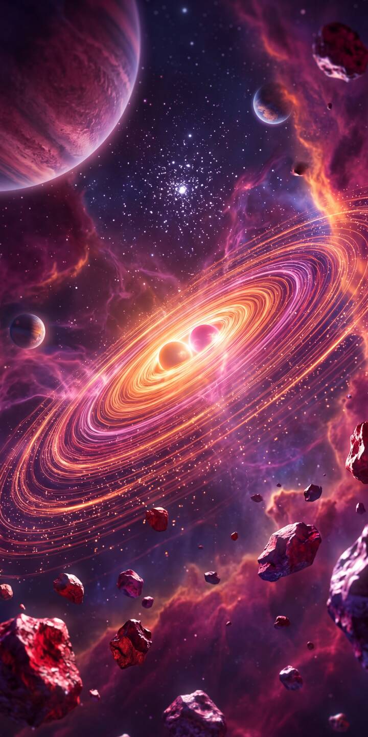 A breathtaking cosmic ring of brilliant orange and pink light swirls at the heart of a vibrant 4K nebula, surrounded by distant planets and scattered asteroids. This immersive space wallpaper offers a stunning visual spectacle for your iPhone, making it the perfect wallpaper to explore the cosmos from your device. | aesthetic space nebula iphone galaxy planets wallpaper vibrant mobile 4k wallpaper hd wallpaper cosmic A breathtaking cosmic ring of brilliant orange and pink light swirls at the heart of a vibrant 4K nebula, surrounded by distant planets and scattered asteroids. This immersive space wallpaper offers a stunning visual spectacle for your iPhone, making it the perfect wallpaper to explore the cosmos from your device.