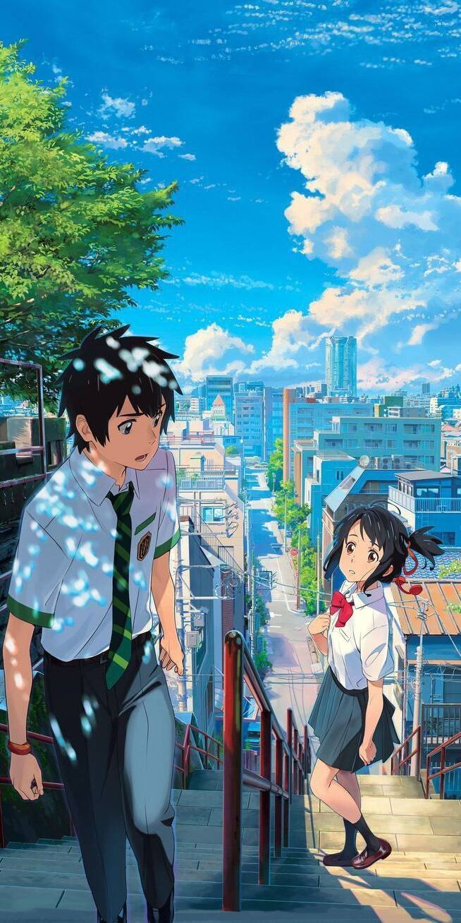 A breathtaking blue sky with fluffy white clouds hangs over Taki and Mitsuha as they meet on a sun-drenched city staircase, creating a vibrant 4K wallpaper perfect for iPhone. This iconic scene from Your Name makes for an unforgettable mobile wallpaper. | anime A breathtaking blue sky with fluffy white clouds hangs over Taki and Mitsuha as they meet on a sun-drenched city staircase, creating a vibrant 4K wallpaper perfect for iPhone. This iconic scene from Your Name makes for an unforgettable mobile wallpaper.