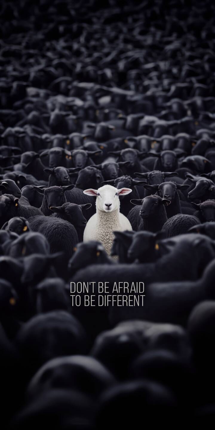A single radiant white sheep stands prominently amidst a dense flock of dark sheep, perfectly embodying the 'Don't be afraid to be different' message in this inspiring 4K wallpaper. This powerful wallpaper is an ideal choice for your iPhone, showcasing high-contrast textures and a profound motivational theme. | sheep motivation iphone wallpaper mobile white sheep 4k wallpaper hd wallpaper inspirational contrast individuality black sheep A single radiant white sheep stands prominently amidst a dense flock of dark sheep, perfectly embodying the 'Don't be afraid to be different' message in this inspiring 4K wallpaper. This powerful wallpaper is an ideal choice for your iPhone, showcasing high-contrast textures and a profound motivational theme.