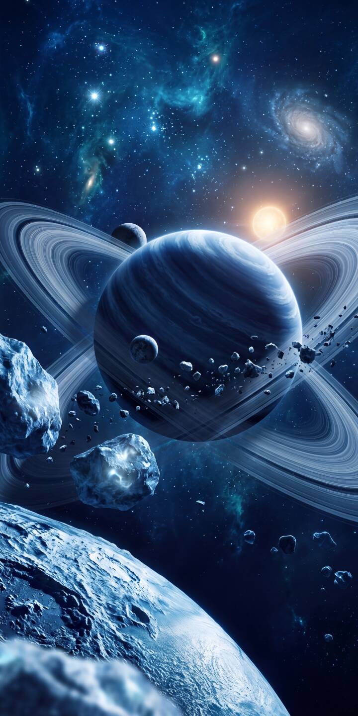 Vibrant nebulas swirl behind a majestic blue ringed planet, orbited by moons and surrounded by a captivating field of asteroids, making this a truly epic 4K space wallpaper. This immersive cosmic wallpaper is perfect for personalizing your iPhone with a breathtaking view of the universe. | space planet nebula iphone rings wallpaper mobile digital art 4k wallpaper hd wallpaper asteroids cosmos Vibrant nebulas swirl behind a majestic blue ringed planet, orbited by moons and surrounded by a captivating field of asteroids, making this a truly epic 4K space wallpaper. This immersive cosmic wallpaper is perfect for personalizing your iPhone with a breathtaking view of the universe.