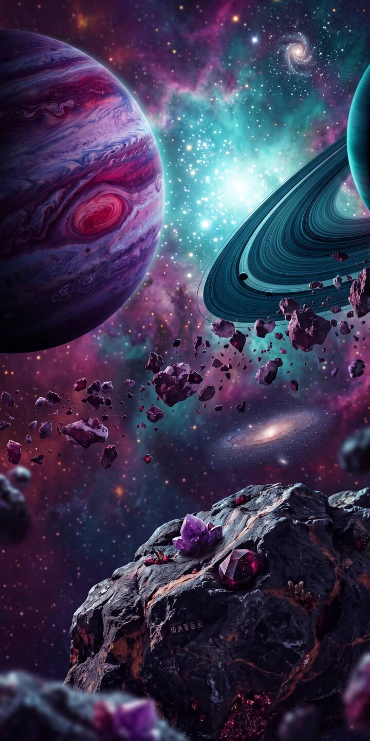 A breathtaking purple-banded planet dominates the vibrant teal and magenta nebula background in this stunning 4K space wallpaper, featuring a cosmic scattering of asteroids and glowing purple crystals in the foreground — an otherworldly wallpaper perfect for your iPhone. | aesthetic purple space nebula iphone galaxy planets wallpaper scifi mobile 4k wallpaper hd wallpaper A breathtaking purple-banded planet dominates the vibrant teal and magenta nebula background in this stunning 4K space wallpaper, featuring a cosmic scattering of asteroids and glowing purple crystals in the foreground — an otherworldly wallpaper perfect for your iPhone.