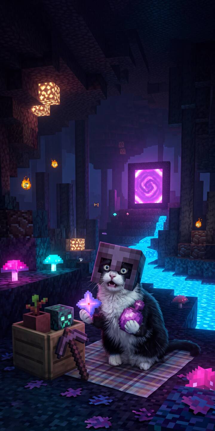 The black and white cat, sporting an iron helmet, grasps a shimmering purple star and potion amidst the glowing Nether cave, making for an enchanting 4K wallpaper. This delightful wallpaper for iPhone captures the whimsical Minecraft adventure of our feline explorer. | cat minecraft cute iphone kitty gaming wallpaper mobile pixelated 4k wallpaper hd wallpaper nether The black and white cat, sporting an iron helmet, grasps a shimmering purple star and potion amidst the glowing Nether cave, making for an enchanting 4K wallpaper. This delightful wallpaper for iPhone captures the whimsical Minecraft adventure of our feline explorer.
