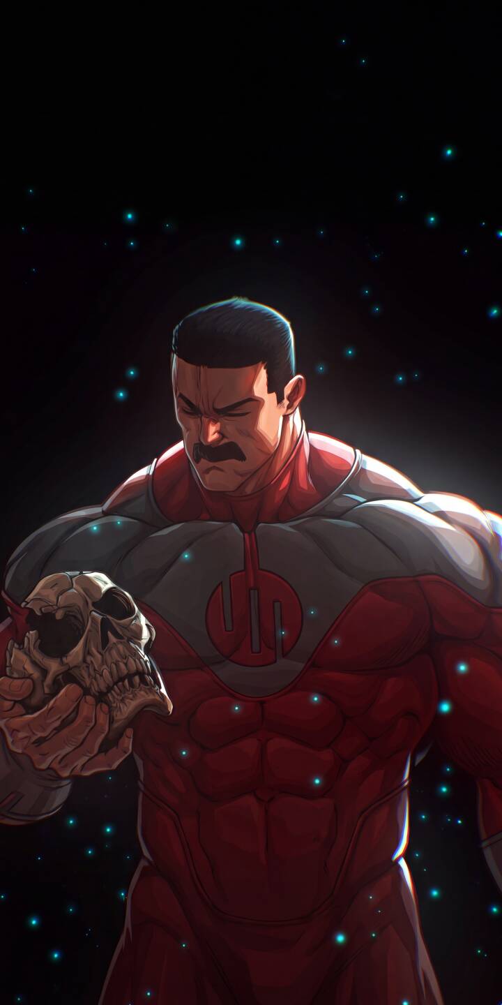 Omni-Man stares grimly, holding a human skull with glowing blue particles scattered around him in this striking 4K wallpaper. This powerful and somber scene makes for an intense iPhone wallpaper. | dark skull iphone wallpaper comic invincible mobile 4k wallpaper hd wallpaper omni-man viltrumite nolan grayson Omni-Man stares grimly, holding a human skull with glowing blue particles scattered around him in this striking 4K wallpaper. This powerful and somber scene makes for an intense iPhone wallpaper.