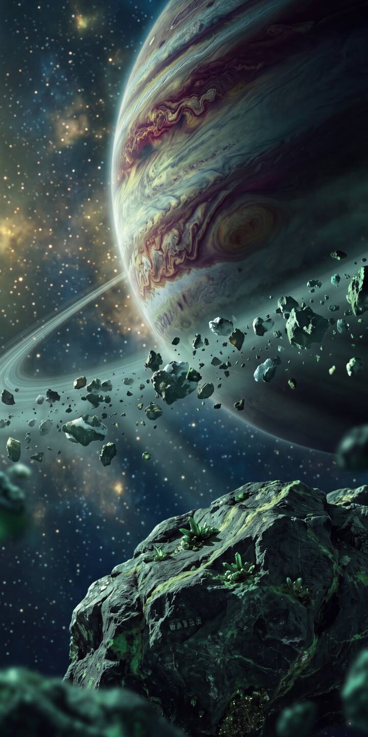 Intricate cloud patterns of purple and orange swirl across the majestic ringed planet, while a dramatic ring of rocky debris circles it, contrasting with the craggy, moss-covered asteroid in the foreground of this breathtaking 4K space wallpaper. This stunning interstellar wallpaper offers a perfect cosmic backdrop for your iPhone. | space planet nebula iphone wallpaper asteroid mobile 4k wallpaper hd wallpaper epic sci-fi cosmic Intricate cloud patterns of purple and orange swirl across the majestic ringed planet, while a dramatic ring of rocky debris circles it, contrasting with the craggy, moss-covered asteroid in the foreground of this breathtaking 4K space wallpaper. This stunning interstellar wallpaper offers a perfect cosmic backdrop for your iPhone.