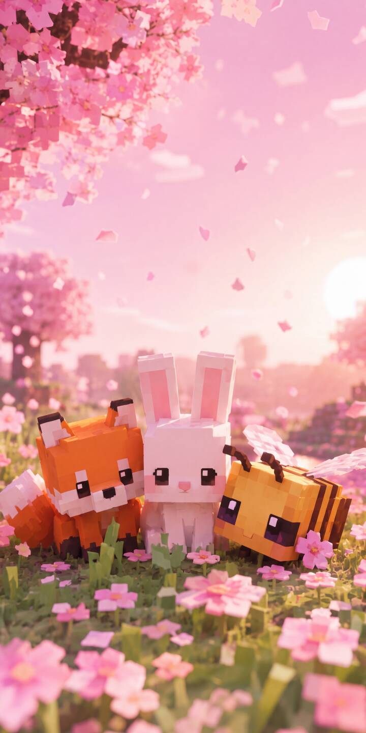 Soft pink cherry blossoms frame a charming scene as blocky Minecraft-style fox, bunny, and bee friends gather amidst a field of delicate pink flowers in this lovely 4K wallpaper. This enchanting and aesthetic wallpaper makes a perfect heartwarming choice for your iPhone. | pink aesthetic cherry blossom spring minecraft cute iphone wallpaper mobile 4k wallpaper hd wallpaper minecraft animals Soft pink cherry blossoms frame a charming scene as blocky Minecraft-style fox, bunny, and bee friends gather amidst a field of delicate pink flowers in this lovely 4K wallpaper. This enchanting and aesthetic wallpaper makes a perfect heartwarming choice for your iPhone.