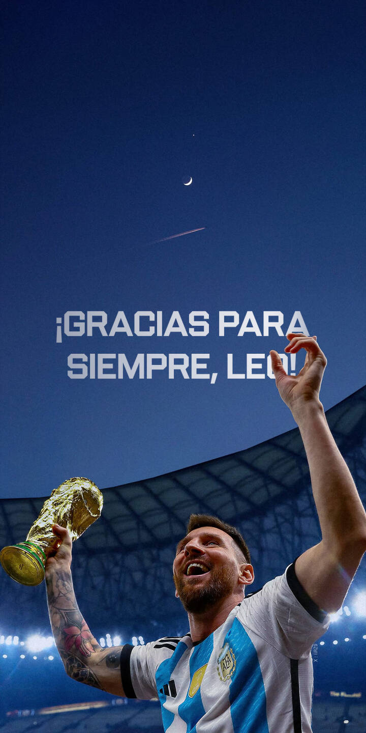 Radiant with joy, Lionel Messi proudly lifts the golden World Cup trophy against a deep blue sky adorned with a crescent moon in this striking 4K wallpaper. This inspirational "Gracias Leo" wallpaper, featuring Messi in his Argentina jersey, is an absolute must-have for iPhone fans. | football trophy iphone messi argentina wallpaper champion lionel messi mobile 4k wallpaper hd wallpaper world cup Radiant with joy, Lionel Messi proudly lifts the golden World Cup trophy against a deep blue sky adorned with a crescent moon in this striking 4K wallpaper. This inspirational "Gracias Leo" wallpaper, featuring Messi in his Argentina jersey, is an absolute must-have for iPhone fans.