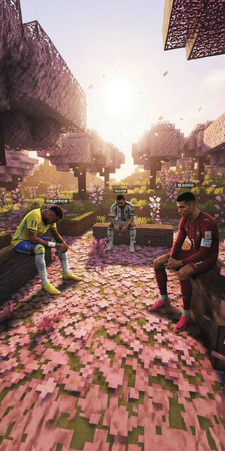 Pink cherry blossoms scatter across the blocky Minecraft landscape as football legends Neymar, Messi, and Ronaldo sit in pensive poses in this serene 4K wallpaper. It's a unique and stunning wallpaper for your iPhone. | football cherry blossom minecraft iphone messi ronaldo gaming wallpaper neymar mobile 4k wallpaper hd wallpaper Pink cherry blossoms scatter across the blocky Minecraft landscape as football legends Neymar, Messi, and Ronaldo sit in pensive poses in this serene 4K wallpaper. It's a unique and stunning wallpaper for your iPhone.