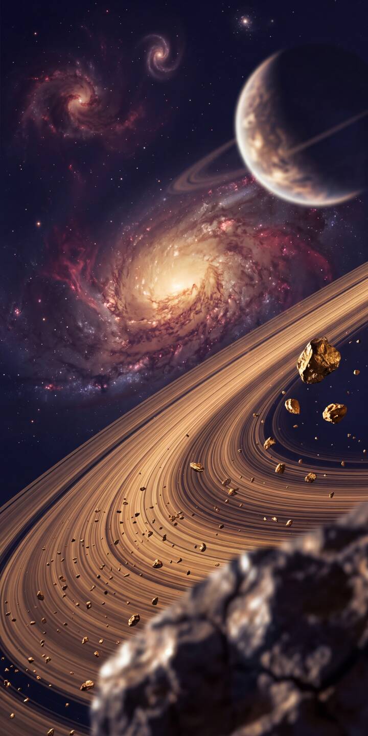 Majestic golden rings, swirling with countless cosmic rocks, curve past a luminous spiral galaxy with a radiant core in this breathtaking 4K wallpaper. This stunning space scene creates an epic wallpaper for iPhone, perfect for enthusiasts of deep space and planetary wonders. | aesthetic space planet iphone galaxy rings wallpaper mobile 4k wallpaper hd wallpaper cosmos deep space Majestic golden rings, swirling with countless cosmic rocks, curve past a luminous spiral galaxy with a radiant core in this breathtaking 4K wallpaper. This stunning space scene creates an epic wallpaper for iPhone, perfect for enthusiasts of deep space and planetary wonders.