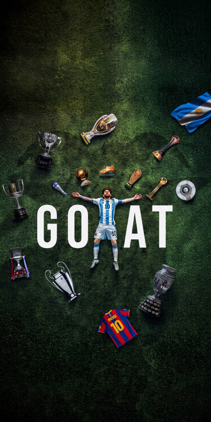 Messi lies triumphantly on a lush green field, arms outstretched, surrounded by his impressive collection of glittering trophies and the prominent “GOAT” text in this stunning 4K wallpaper. This iconic tribute makes a perfect wallpaper for iPhone, celebrating his legendary career. | football iphone messi soccer wallpaper goat legend trophies lionel messi mobile 4k wallpaper hd wallpaper Messi lies triumphantly on a lush green field, arms outstretched, surrounded by his impressive collection of glittering trophies and the prominent “GOAT” text in this stunning 4K wallpaper. This iconic tribute makes a perfect wallpaper for iPhone, celebrating his legendary career.