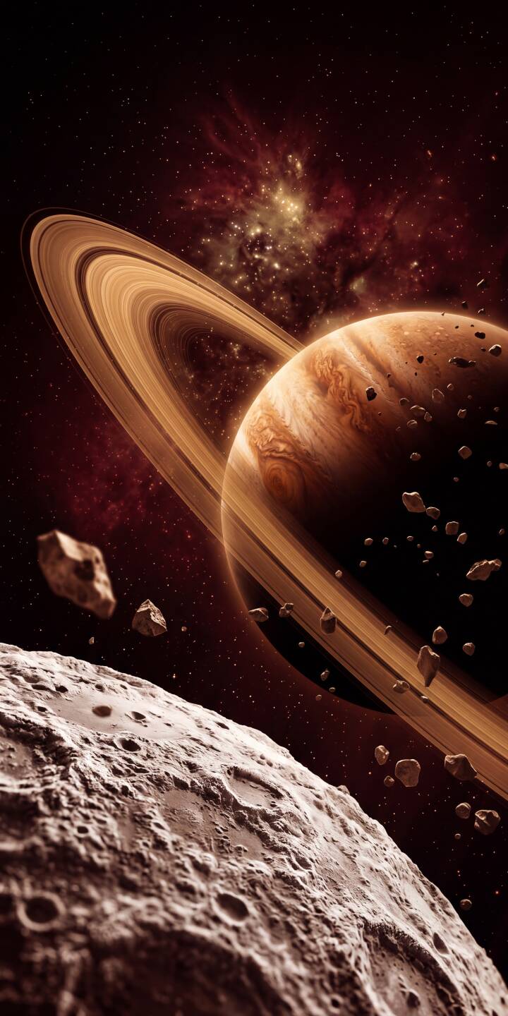 Massive, textured rings encircle Saturn, casting a dramatic glow over the floating asteroids in this breathtaking 4K wallpaper. This stunning cosmic wallpaper, complete with a detailed, cratered foreground, makes an epic display for any iPhone. | space nebula iphone galaxy wallpaper saturn asteroid mobile 4k wallpaper hd wallpaper cosmic planet saturn Massive, textured rings encircle Saturn, casting a dramatic glow over the floating asteroids in this breathtaking 4K wallpaper. This stunning cosmic wallpaper, complete with a detailed, cratered foreground, makes an epic display for any iPhone.