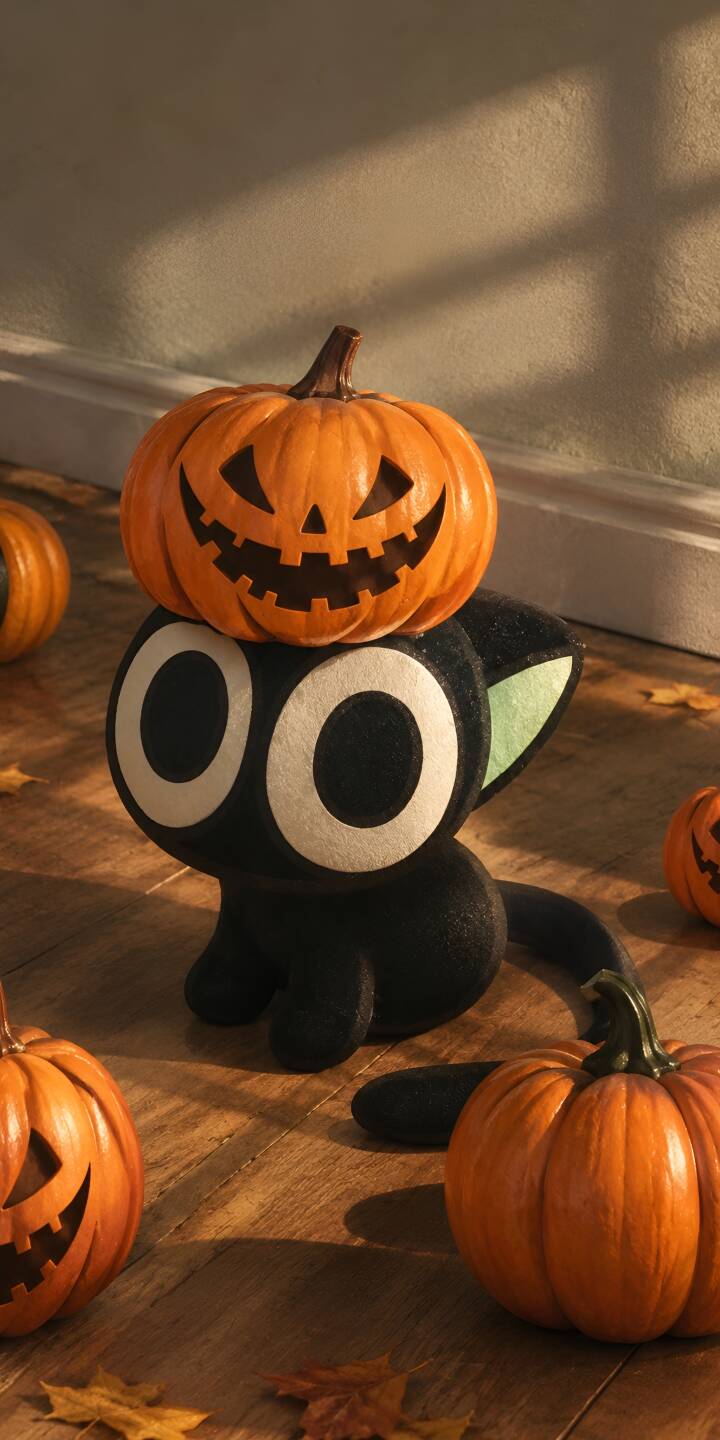 A grinning Jack-o'-lantern rests whimsically atop a charming black cat figurine with wide, staring eyes, creating a perfect autumnal 4K wallpaper featuring additional pumpkins and scattered leaves for your iPhone. This delightful scene offers a touch of spooky cuteness, making it an ideal festive wallpaper. | cat cut halloween 4k kitten A grinning Jack-o'-lantern rests whimsically atop a charming black cat figurine with wide, staring eyes, creating a perfect autumnal 4K wallpaper featuring additional pumpkins and scattered leaves for your iPhone. This delightful scene offers a touch of spooky cuteness, making it an ideal festive wallpaper.