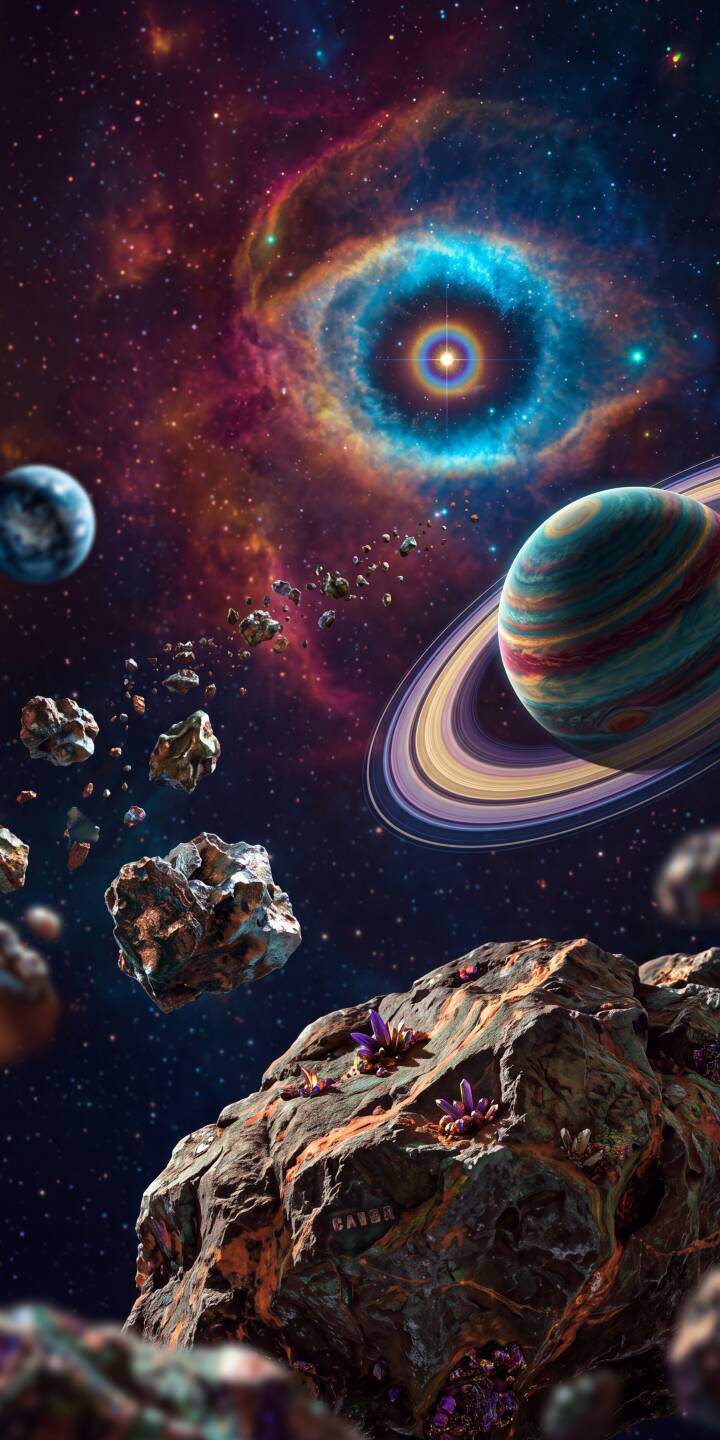 A breathtaking cosmic eye nebula glows intensely with vibrant blues and reds, casting its light across an asteroid-laden expanse, making this a captivating 4K wallpaper. This stunning space wallpaper for iPhone features a majestic ringed planet and asteroids adorned with glowing purple crystals. | space nebula iphone galaxy planets wallpaper vibrant mobile 4k wallpaper hd wallpaper asteroids cosmos A breathtaking cosmic eye nebula glows intensely with vibrant blues and reds, casting its light across an asteroid-laden expanse, making this a captivating 4K wallpaper. This stunning space wallpaper for iPhone features a majestic ringed planet and asteroids adorned with glowing purple crystals.