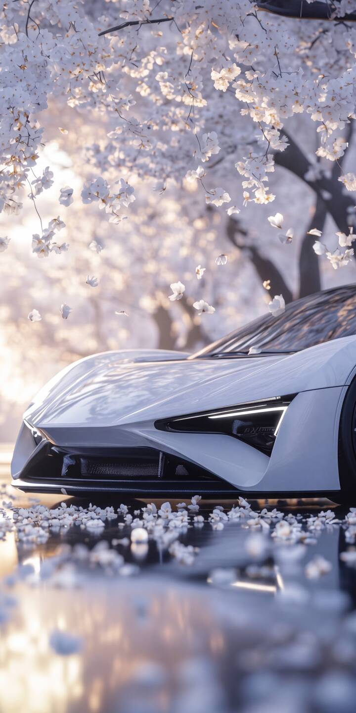 White cherry blossom petals gracefully fall onto a sleek modern white sportscar, its sharp lines gleaming in the soft light reflected on the wet surface in this stunning 4K wallpaper. This serene aesthetic creates a perfect wallpaper for iPhone. | aesthetic cherry blossom iphone wallpaper sportscar sakura mobile luxury car white car 4k wallpaper hd wallpaper automotive White cherry blossom petals gracefully fall onto a sleek modern white sportscar, its sharp lines gleaming in the soft light reflected on the wet surface in this stunning 4K wallpaper. This serene aesthetic creates a perfect wallpaper for iPhone.