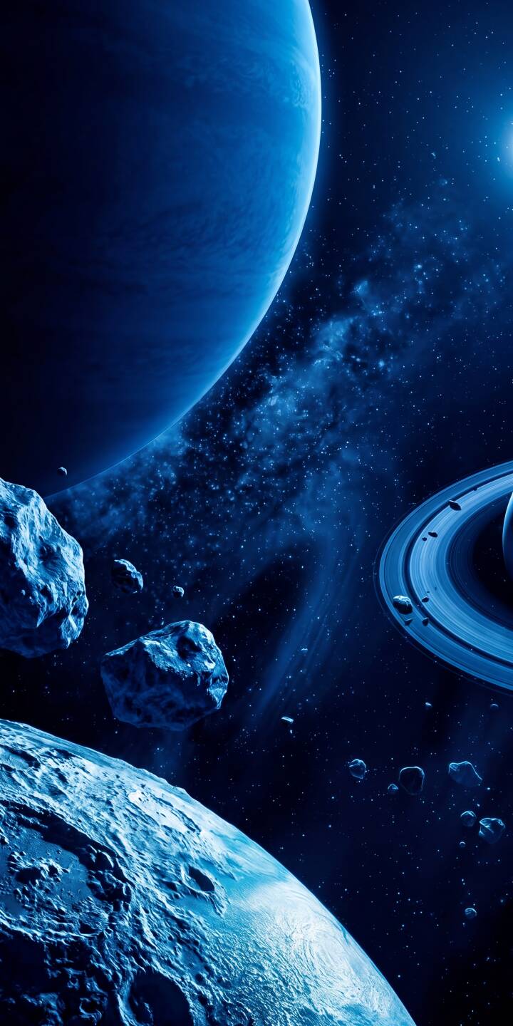 Jagged asteroids drift past a mesmerizing blue gas giant and a striking ringed planet in this immersive 4K cosmic wallpaper, making it an epic wallpaper for iPhone space enthusiasts. | blue space iphone planets rings wallpaper asteroid mobile 4k wallpaper hd wallpaper cosmos sci-fi Jagged asteroids drift past a mesmerizing blue gas giant and a striking ringed planet in this immersive 4K cosmic wallpaper, making it an epic wallpaper for iPhone space enthusiasts.