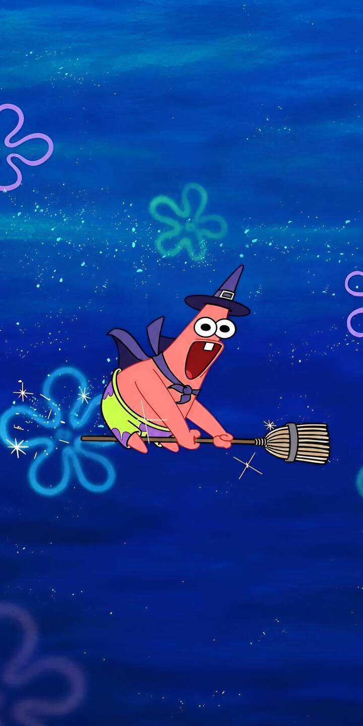 Patrick Star, dressed in a whimsical witch costume with a pointed hat and flowing cape, rides his broomstick with an overjoyed, open-mouthed expression across a sparkling deep-blue background in this delightful 4K wallpaper. This vibrant wallpaper is perfect for personalizing your iPhone screen. | spongebob 4k patrick funny spongebob funny patrick Patrick Star, dressed in a whimsical witch costume with a pointed hat and flowing cape, rides his broomstick with an overjoyed, open-mouthed expression across a sparkling deep-blue background in this delightful 4K wallpaper. This vibrant wallpaper is perfect for personalizing your iPhone screen.
