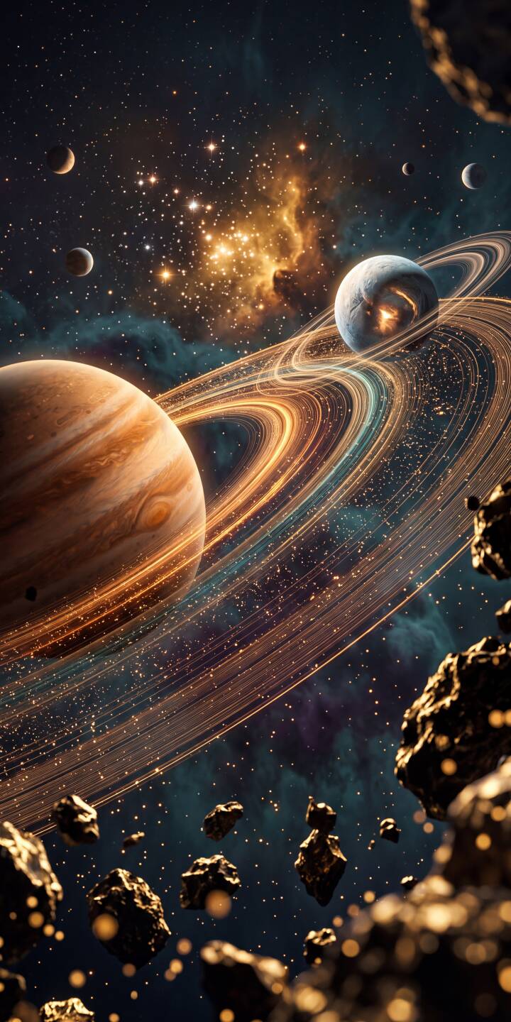 Glimmering golden rings orbit a massive planet amidst a vibrant nebula and scattered asteroids, creating an awe-inspiring deep space wallpaper that's ideal as an iPhone 4K wallpaper. | space nebula iphone galaxy planets wallpaper mobile 4k wallpaper hd wallpaper sci-fi cosmic golden rings Glimmering golden rings orbit a massive planet amidst a vibrant nebula and scattered asteroids, creating an awe-inspiring deep space wallpaper that's ideal as an iPhone 4K wallpaper.