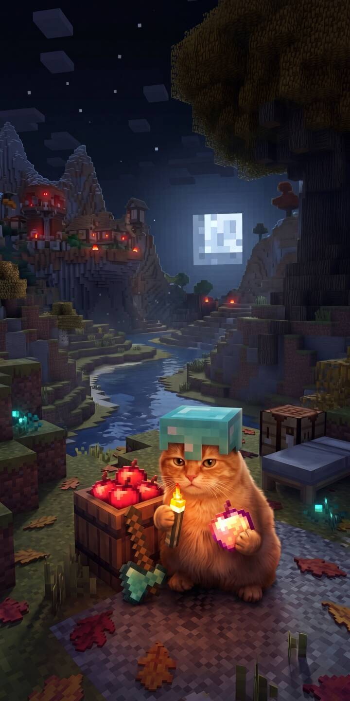 A fluffy orange cat in a diamond helmet gently holds a glowing golden apple and torch, its warmth contrasting with the enchanting 4K Minecraft village night scene, creating a delightful wallpaper for any iPhone. This unique wallpaper perfectly captures a blend of cozy adventure and pixelated charm. | night cat village minecraft cute iphone gaming wallpaper mobile pixel art 4k wallpaper hd wallpaper A fluffy orange cat in a diamond helmet gently holds a glowing golden apple and torch, its warmth contrasting with the enchanting 4K Minecraft village night scene, creating a delightful wallpaper for any iPhone. This unique wallpaper perfectly captures a blend of cozy adventure and pixelated charm.