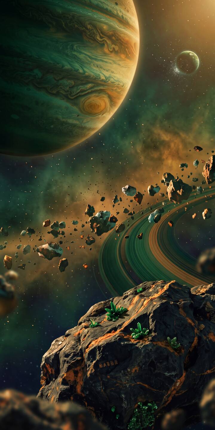 A colossal gas giant, swirling with emerald and amber clouds, dominates this striking 4K wallpaper, with a dramatic ring of asteroids and glowing green crystals on a foreground rock. This ethereal cosmic scene makes for a breathtaking iPhone wallpaper experience. | space planet nebula iphone wallpaper asteroid mobile 4k wallpaper hd wallpaper gas giant cosmic emerald A colossal gas giant, swirling with emerald and amber clouds, dominates this striking 4K wallpaper, with a dramatic ring of asteroids and glowing green crystals on a foreground rock. This ethereal cosmic scene makes for a breathtaking iPhone wallpaper experience.