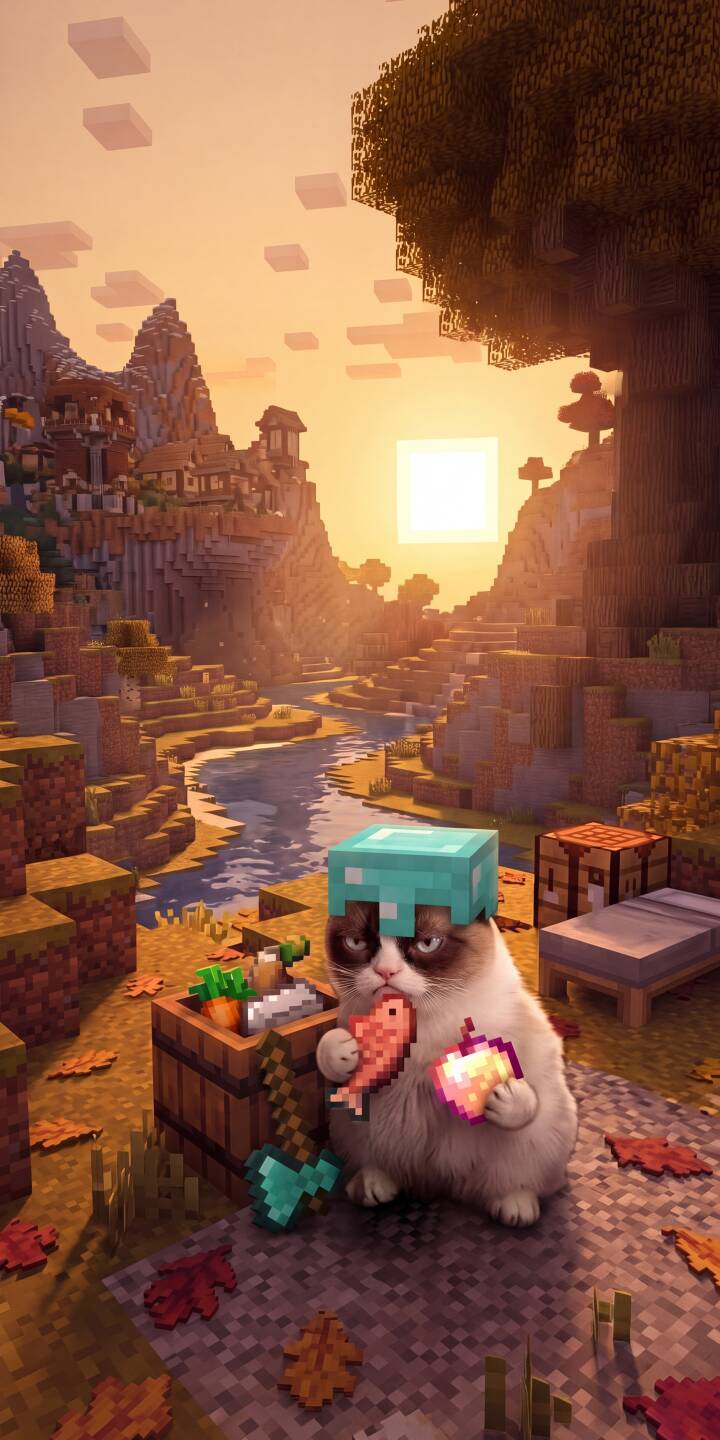 Grumpy Cat's iconic scowl is perfectly paired with a pixelated diamond helmet while he holds a fish and glowing apple, set against a stunning Minecraft sunset. This charming 4K wallpaper for iPhone is a unique gaming-themed wallpaper. | funny sunset cat minecraft iphone gaming wallpaper mobile pixel art 4k wallpaper hd wallpaper grumpy cat Grumpy Cat's iconic scowl is perfectly paired with a pixelated diamond helmet while he holds a fish and glowing apple, set against a stunning Minecraft sunset. This charming 4K wallpaper for iPhone is a unique gaming-themed wallpaper.