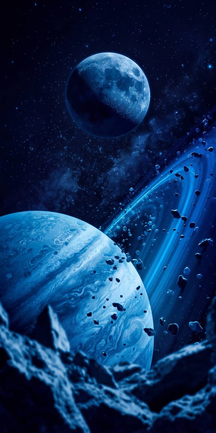 A majestic blue gas giant with intricate rings and scattered asteroids dominates this stunning 4K wallpaper, featuring a soft blue moon suspended in the starry deep-space canvas. This breathtaking cosmic wallpaper is perfect for any iPhone, bringing the wonder of the universe to your screen. | aesthetic blue space planet iphone rings wallpaper mobile 4k wallpaper hd wallpaper asteroids cosmos A majestic blue gas giant with intricate rings and scattered asteroids dominates this stunning 4K wallpaper, featuring a soft blue moon suspended in the starry deep-space canvas. This breathtaking cosmic wallpaper is perfect for any iPhone, bringing the wonder of the universe to your screen.