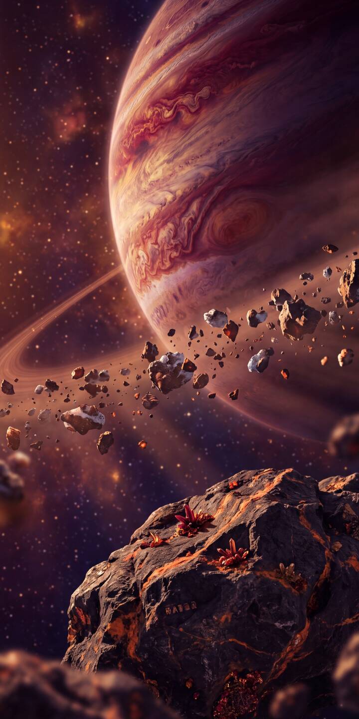 Vibrant orange and purple storm bands define a colossal gas giant, encircled by a stunning field of rocky asteroids and a faint ring system in this breathtaking 4K space wallpaper. This epic cosmic wallpaper offers a striking backdrop for your iPhone. | space planet nebula iphone rings wallpaper jupiter mobile 4k wallpaper hd wallpaper asteroids cosmic Vibrant orange and purple storm bands define a colossal gas giant, encircled by a stunning field of rocky asteroids and a faint ring system in this breathtaking 4K space wallpaper. This epic cosmic wallpaper offers a striking backdrop for your iPhone.