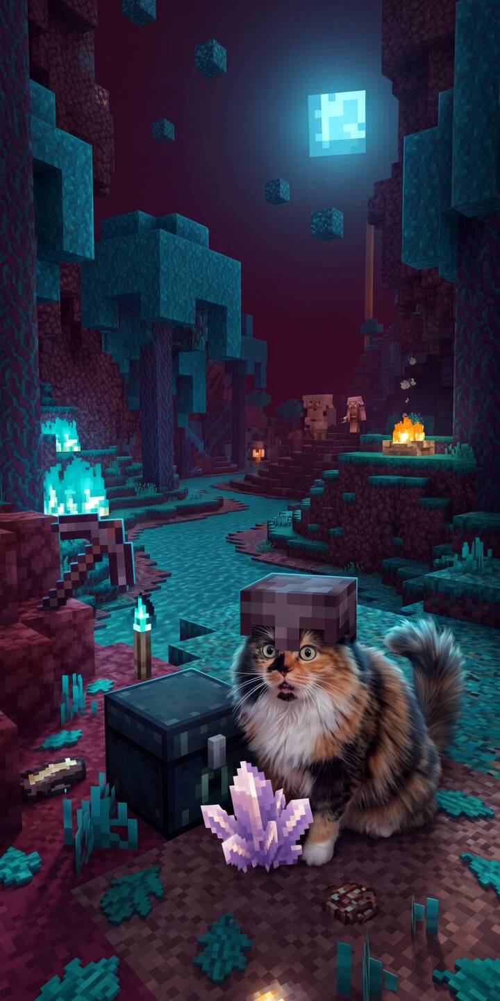 A calico cat with a comically surprised expression wears a Minecraft block hat in this immersive 4K wallpaper. It's set against the mystical backdrop of a glowing warped forest in the Nether, making it a perfect vibrant wallpaper for iPhone. | aesthetic cat minecraft iphone fantasy gaming wallpaper mobile 4k wallpaper hd wallpaper nether calico A calico cat with a comically surprised expression wears a Minecraft block hat in this immersive 4K wallpaper. It's set against the mystical backdrop of a glowing warped forest in the Nether, making it a perfect vibrant wallpaper for iPhone.
