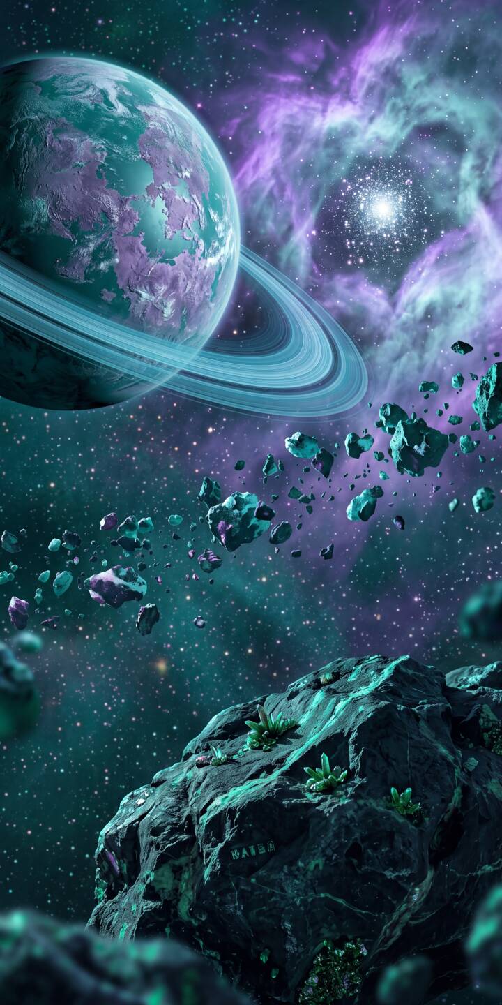 Swirling purple and teal nebulae backdrop a magnificent ringed planet, surrounded by a luminous asteroid field with glowing crystalline formations in this stunning 4K wallpaper — an ideal cosmic wallpaper for iPhone. | space planet nebula iphone fantasy wallpaper vibrant mobile 4k wallpaper hd wallpaper ringed planet cosmic Swirling purple and teal nebulae backdrop a magnificent ringed planet, surrounded by a luminous asteroid field with glowing crystalline formations in this stunning 4K wallpaper — an ideal cosmic wallpaper for iPhone.