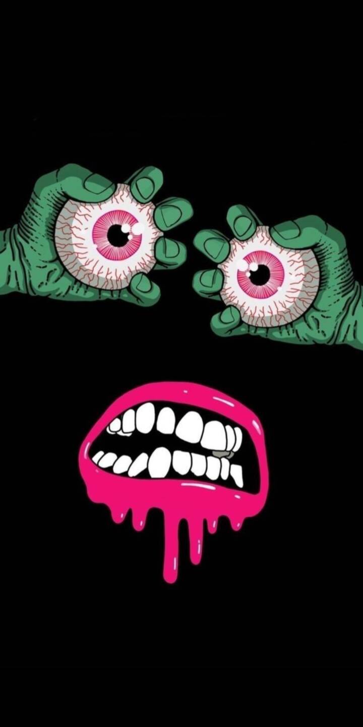 Green monster hands eerily grip gruesome bloodshot eyeballs, complemented by wide pink dripping lips and sharp white teeth in this striking 4K wallpaper. A must-have wallpaper for iPhone users who appreciate edgy art. | spatial Green monster hands eerily grip gruesome bloodshot eyeballs, complemented by wide pink dripping lips and sharp white teeth in this striking 4K wallpaper. A must-have wallpaper for iPhone users who appreciate edgy art.