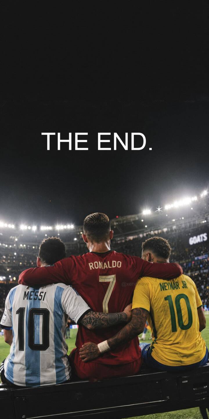 Strikingly, the text "THE END." floats above the stadium lights as Messi, Ronaldo, and Neymar Jr. embrace, reflecting on a golden era in this poignant 4K football wallpaper — an essential iPhone wallpaper for fans. This unique wallpaper captures three iconic players from behind, wearing their national team jerseys, united in a memorable moment. | football iphone messi ronaldo soccer wallpaper neymar legends mobile the end 4k wallpaper hd wallpaper Strikingly, the text "THE END." floats above the stadium lights as Messi, Ronaldo, and Neymar Jr. embrace, reflecting on a golden era in this poignant 4K football wallpaper — an essential iPhone wallpaper for fans. This unique wallpaper captures three iconic players from behind, wearing their national team jerseys, united in a memorable moment.