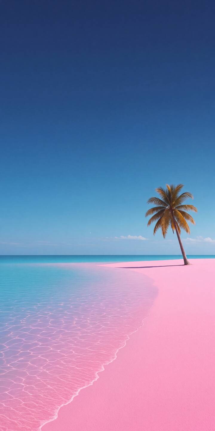 Vibrant pink sand meets crystal-clear turquoise waters under a pristine blue sky, creating a stunning 4K beach wallpaper. A solitary palm tree leans gracefully into the scene, making this an idyllic wallpaper for iPhone. | aesthetic palm tree beach iphone ocean wallpaper tropical mobile 4k wallpaper hd wallpaper dreamy pink sand Vibrant pink sand meets crystal-clear turquoise waters under a pristine blue sky, creating a stunning 4K beach wallpaper. A solitary palm tree leans gracefully into the scene, making this an idyllic wallpaper for iPhone.