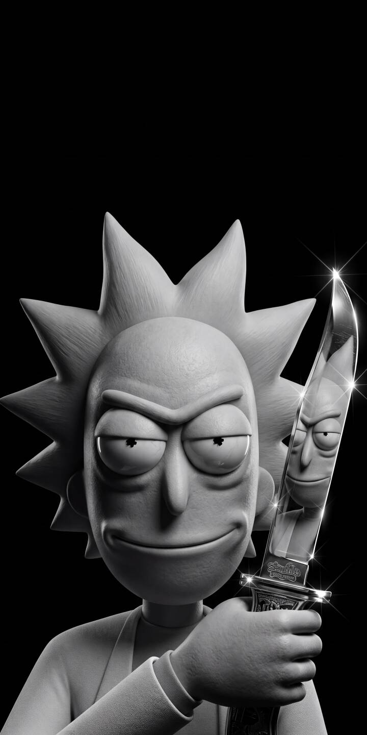 Rick's sinister smirk is perfectly captured in this striking 4K monochromatic wallpaper, with his own unsettling reflection gleaming in the polished blade of a knife he holds — an essential wallpaper for any iPhone. | dark knife reflection iphone rick wallpaper rick and morty rick sanchez mobile 4k wallpaper hd wallpaper monochromatic Rick's sinister smirk is perfectly captured in this striking 4K monochromatic wallpaper, with his own unsettling reflection gleaming in the polished blade of a knife he holds — an essential wallpaper for any iPhone.