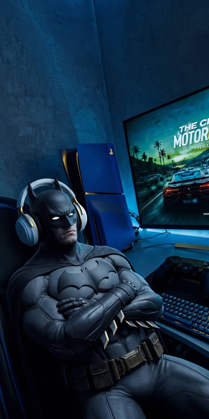 Batman, in his iconic suit and headphones, crosses his arms while looking intently at a racing game on a vibrant monitor, making this a striking 4K wallpaper. This dynamic gamer wallpaper, featuring a special blue PlayStation 5, is an essential download for iPhone users and DC fans. | aesthetic batman iphone gaming wallpaper gamer dark knight mobile playstation 4k wallpaper hd wallpaper dc comics Batman, in his iconic suit and headphones, crosses his arms while looking intently at a racing game on a vibrant monitor, making this a striking 4K wallpaper. This dynamic gamer wallpaper, featuring a special blue PlayStation 5, is an essential download for iPhone users and DC fans.