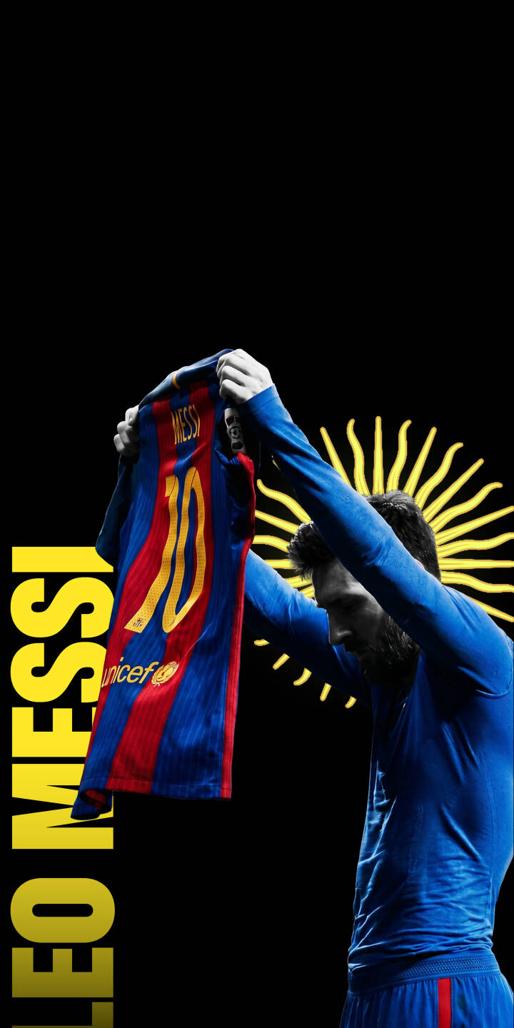 Lionel Messi proudly holds up his iconic number 10 Barcelona jersey, contrasting vibrantly against the bold yellow 'LEO MESSI' text and sun emblem on a black background, creating an epic 4K wallpaper for iPhone. This essential wallpaper captures the legendary footballer in a memorable and striking pose for any fan. | football iphone messi barcelona wallpaper jersey fc barcelona lionel messi mobile 4k wallpaper hd wallpaper number 10 Lionel Messi proudly holds up his iconic number 10 Barcelona jersey, contrasting vibrantly against the bold yellow 'LEO MESSI' text and sun emblem on a black background, creating an epic 4K wallpaper for iPhone. This essential wallpaper captures the legendary footballer in a memorable and striking pose for any fan.