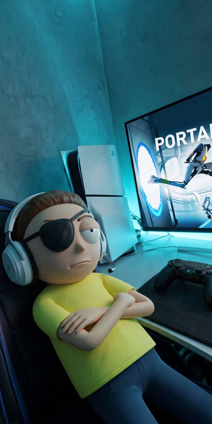 Eye Patch Morty looks unimpressed with his Portal game on the glowing monitor, complete with a PlayStation 5 visible under cool blue LED lighting in this captivating 4K wallpaper. This dynamic gaming-themed wallpaper is perfect for personalizing your iPhone. | cartoon iphone gaming wallpaper rick and morty gamer mobile 4k wallpaper hd wallpaper neon blue morty evil morty Eye Patch Morty looks unimpressed with his Portal game on the glowing monitor, complete with a PlayStation 5 visible under cool blue LED lighting in this captivating 4K wallpaper. This dynamic gaming-themed wallpaper is perfect for personalizing your iPhone.