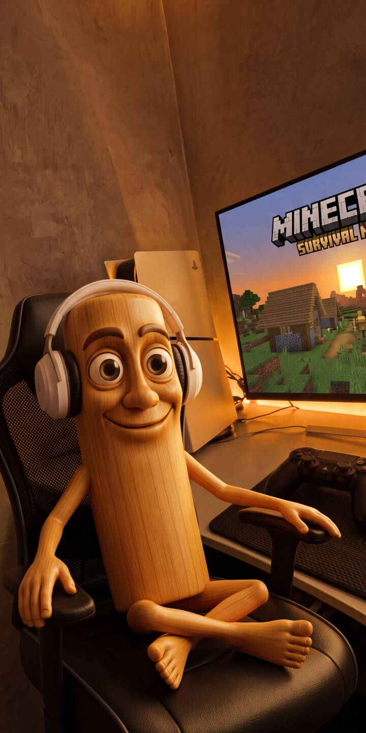 A unique wooden gamer character, with a wide smile and cheerful expression, sits comfortably in his chair, deeply immersed in a lively game of Minecraft displayed on his monitor in this vibrant 4K wallpaper. This charming scene, complete with headphones and a PlayStation 5, makes an ideal aesthetic wallpaper for iPhone. | minecraft cute iphone wallpaper woody gamer mobile ps5 4k wallpaper hd wallpaper 3d art A unique wooden gamer character, with a wide smile and cheerful expression, sits comfortably in his chair, deeply immersed in a lively game of Minecraft displayed on his monitor in this vibrant 4K wallpaper. This charming scene, complete with headphones and a PlayStation 5, makes an ideal aesthetic wallpaper for iPhone.